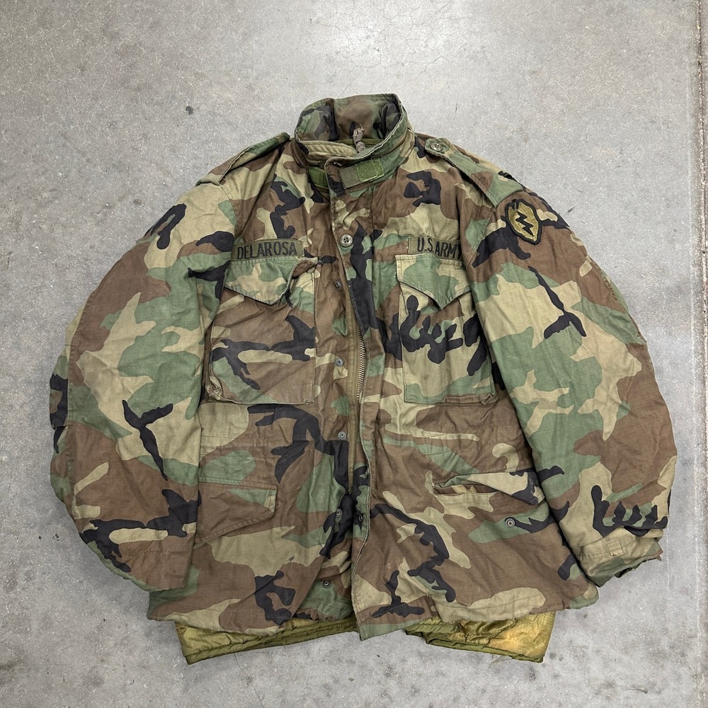 Vintage US Army M65 Field Jacket Woodland Camo w Liner 25th Infantry Large 1984